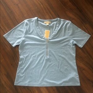 New Michael Kors Sky Blue V-Neck Tee with Zipper